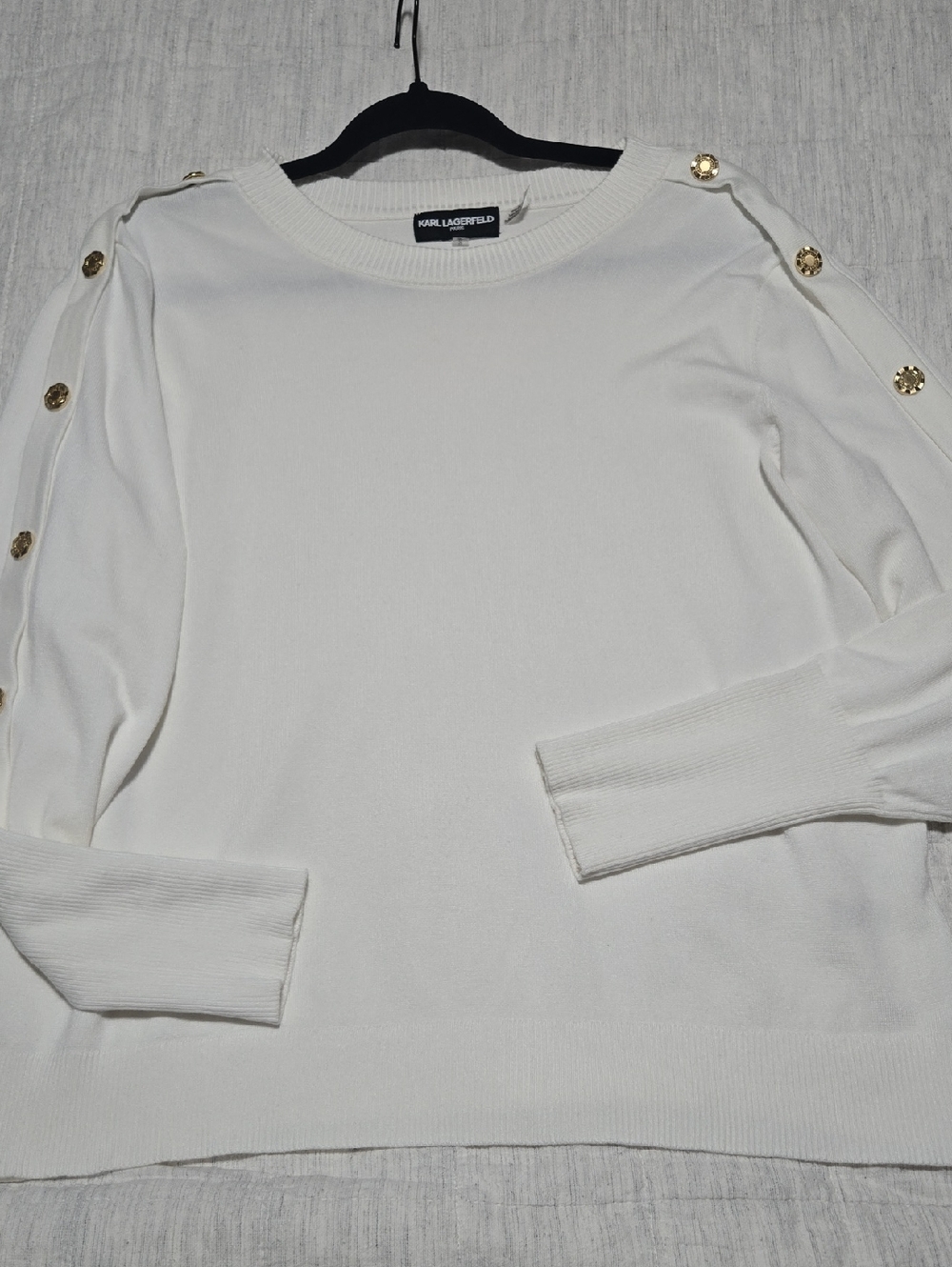 Karl Lagerfeld White Knit Sweater with Gold Button Trim